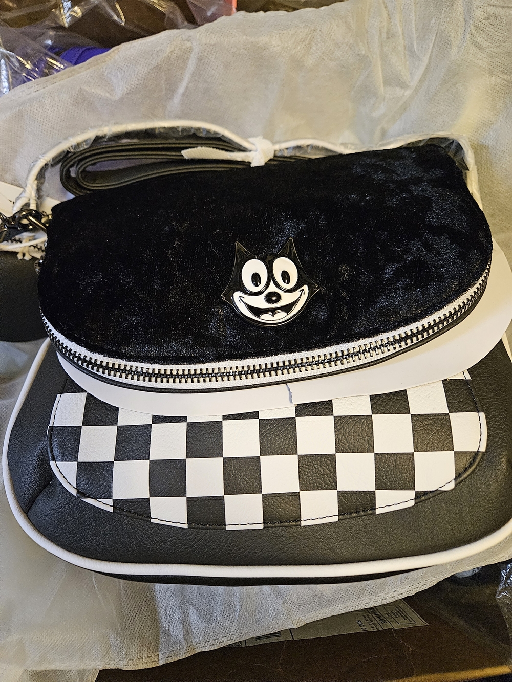 LOUNGEFLY FELIX THE CAT Black & White Checker Crossbody Bag NEW